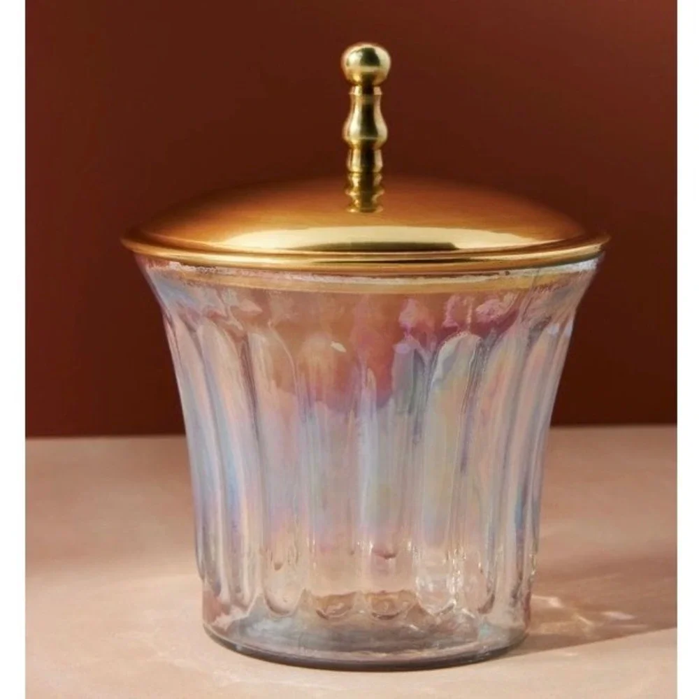 Anthropologie‎ Lustrous Canister Iridescent Fluted Glass Gold Lid 6.5
